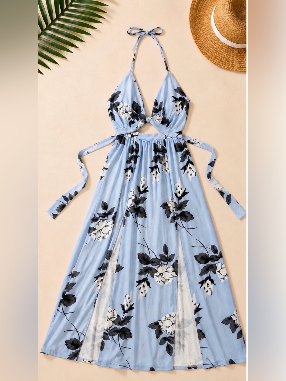 Sky Blue Floral Halter Maxi Dress with Side Slits